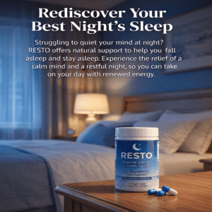 Resto capsule with valerian, chamomile, passion flower, and 3 mg melatonin to promote restful sleep and relaxation.
