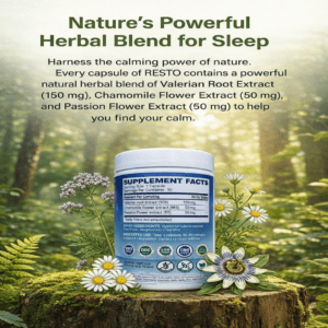 Resto capsule containing 3 mg melatonin and herbal extracts to support the body’s natural sleep-wake cycle.