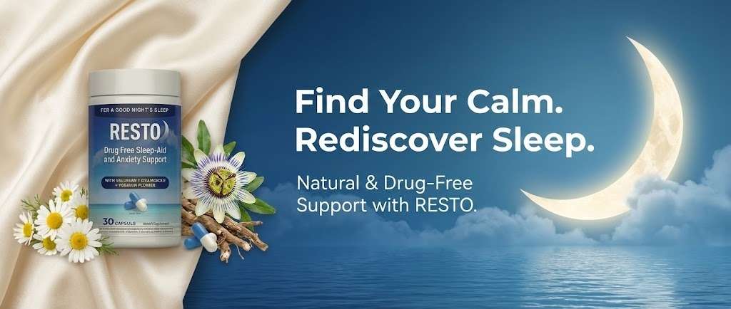 Resto herbal capsule combining valerian root, chamomile, and passion flower extracts for calmness and improved sleep quality.