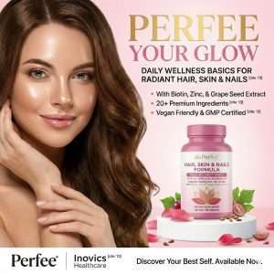 Perfee nutraceutical tablet containing biotin, vitamin C, and minerals to enhance collagen and skin elasticity.