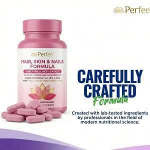 Perfee multivitamin tablet with vitamins B, D3, E, and zinc for stronger hair, skin, and nails.